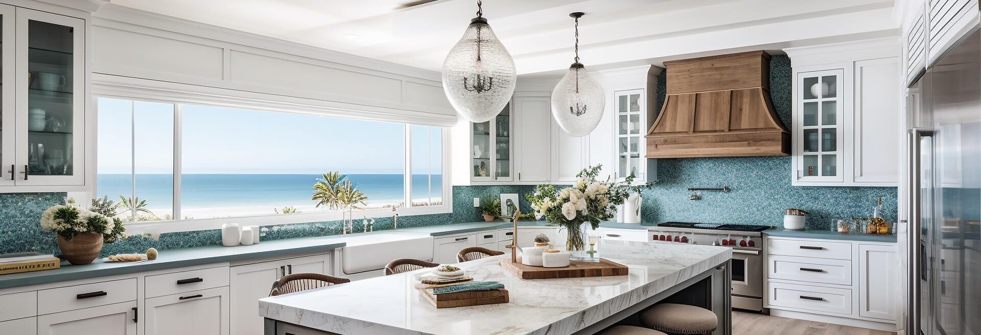 Custom white kitchen with a marble island, glass pendant lights and a wood range hood