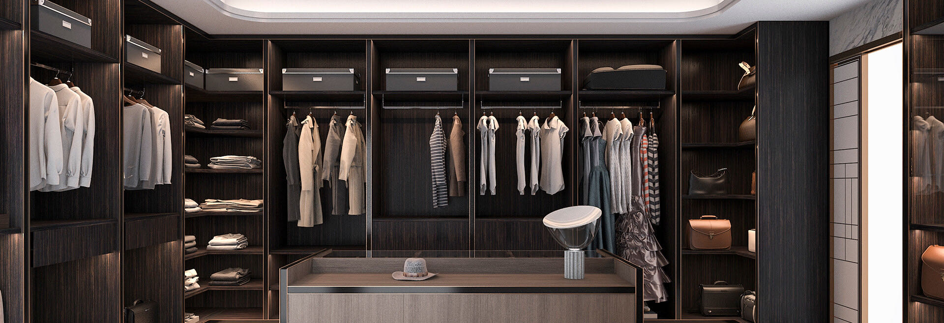 Dark wood walk-in closet with open shelving and a central island