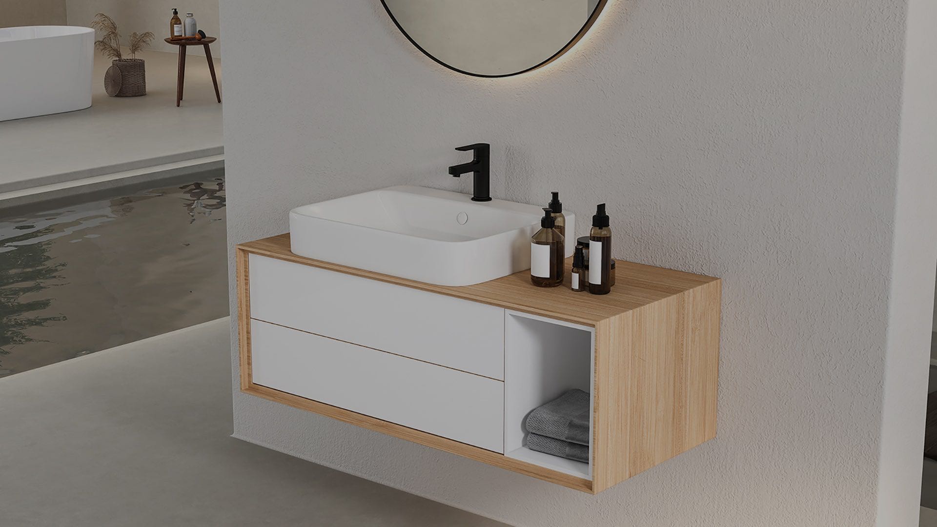 White and oak floating vanity with a vessel sink in a bright bathroom
