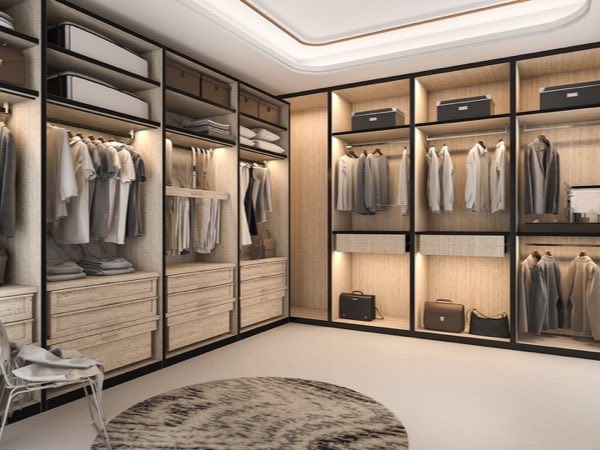 Walk-in closet with glass-front wardrobes and LED lighting