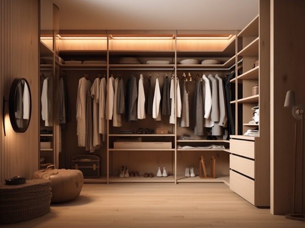 Wood walk-in closet with a dressing area and a mirror