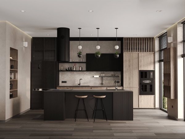 Black kitchen island with bar stools and tall wood-look cabinets