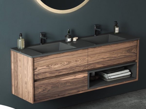 Walnut double vanity with drawers and an open towel shelf