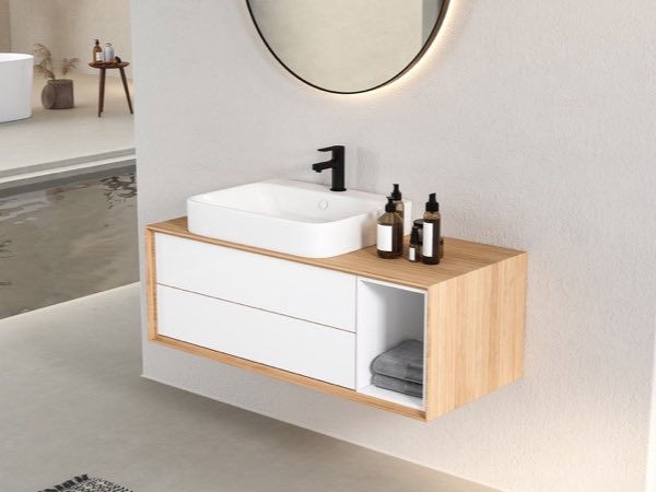 Floating white and oak vanity with a vessel sink and an open towel shelf