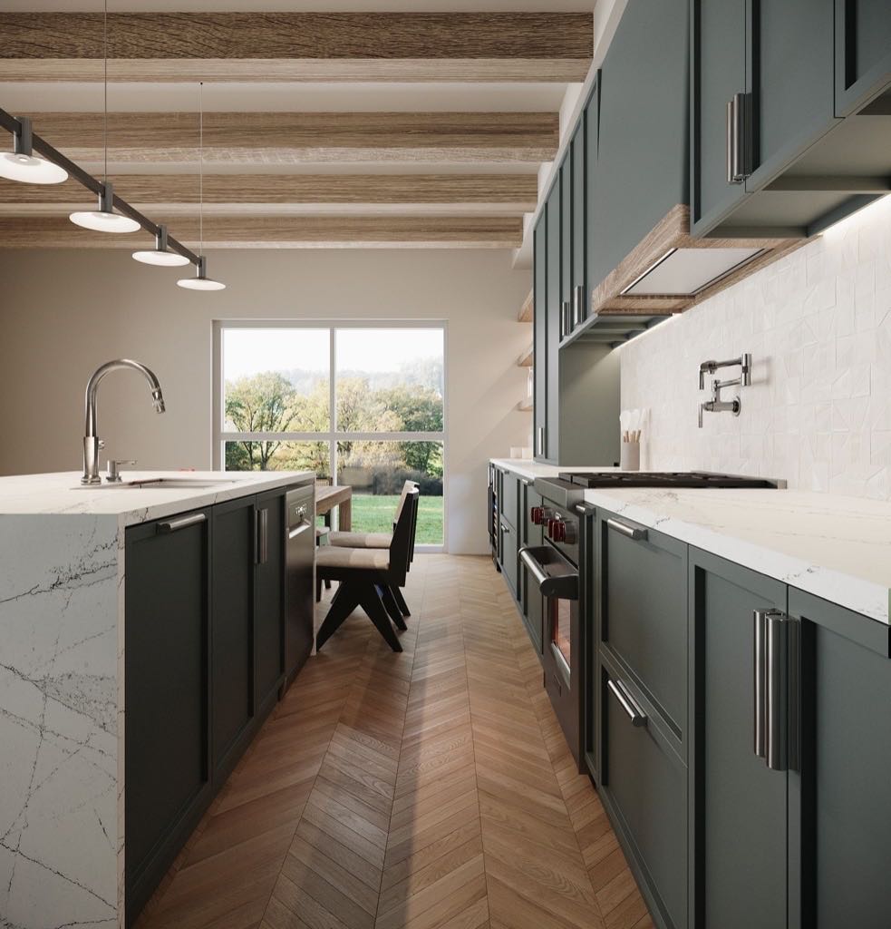 Custom kitchen with dark green cabinets and marble counters